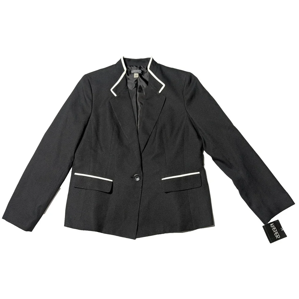 KASPER Women Size 14 Black Vanilla Ice One-Button Blazer‎ NEW